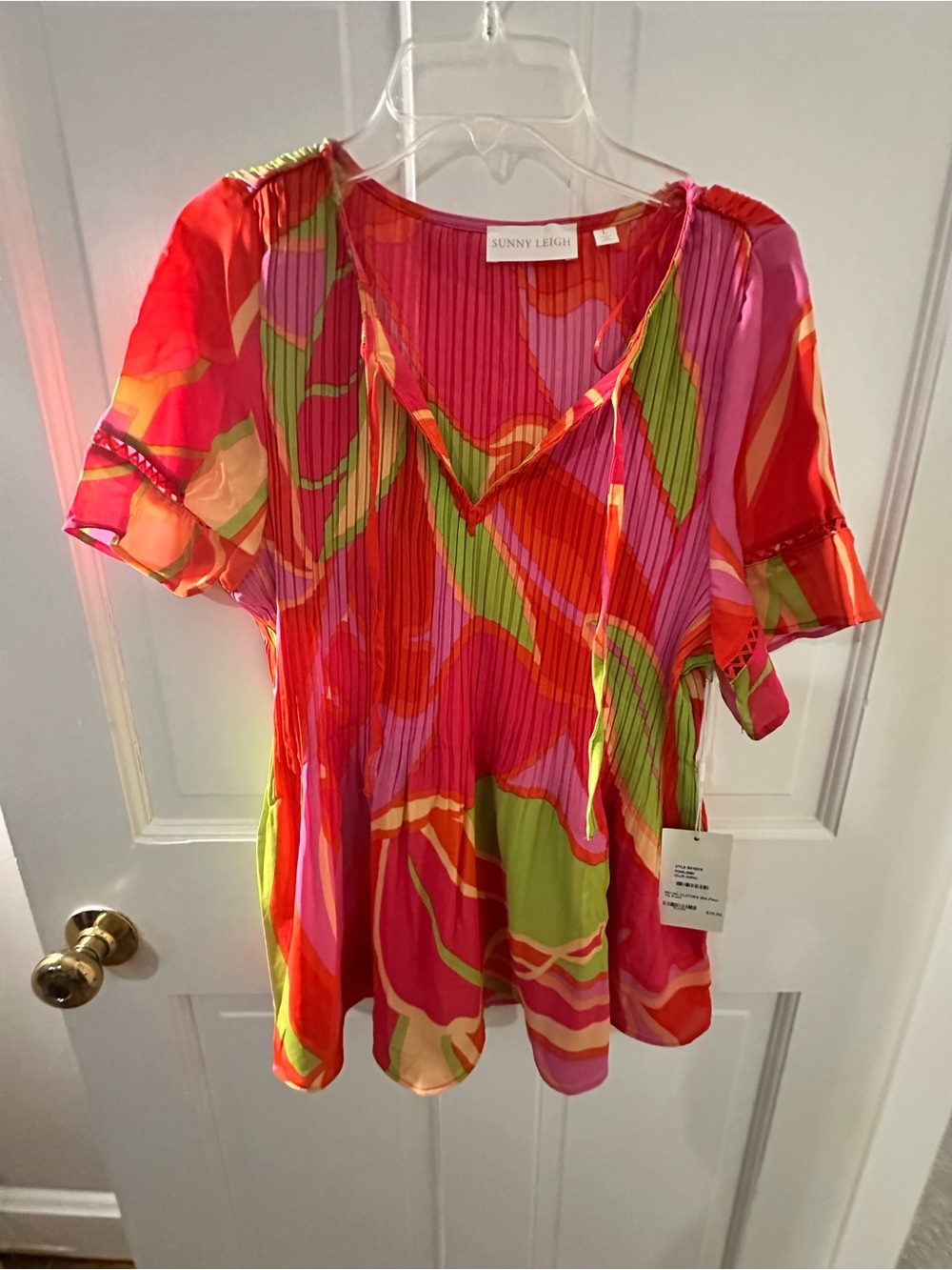Sunny Leigh Pink & Red Printed Pleated V-Neck Blouse